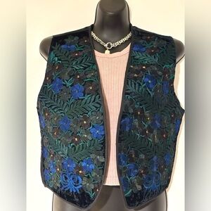 Floral Embroidered Vest with Blue and Green Accents